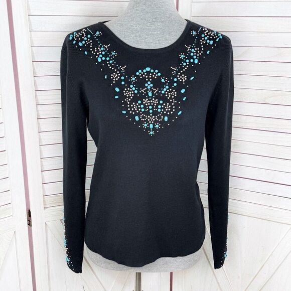 Kikit Turquoise Beaded Studs Sweater Black Medium Western - Picture 1 of 11